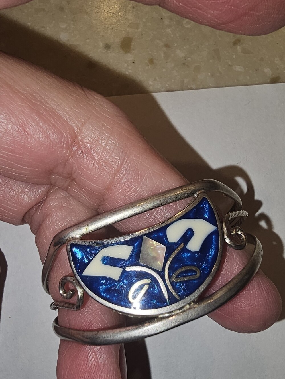 Child Size 2" Alpaca Mexico Silver Cuff Bracelet Blue Enamel Mother of P